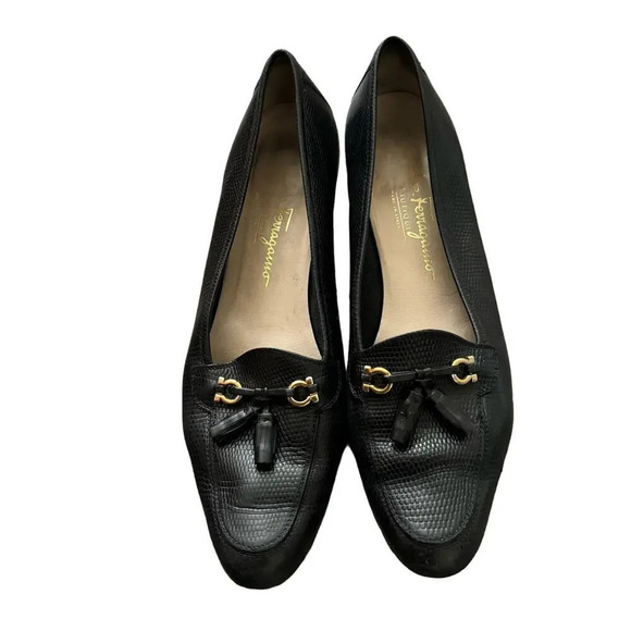 Salvatore Ferragamo Womens Animal Print Loafers 8.5 Black Lizard Whimsigoth - Picture 2 of 13